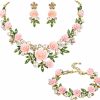 EVER FAITH Ever Faith Women'S Austrian Crystal Simulated Pearl Rose Flower Leaf Necklace Pierced Earrings Set Jewelry Sets