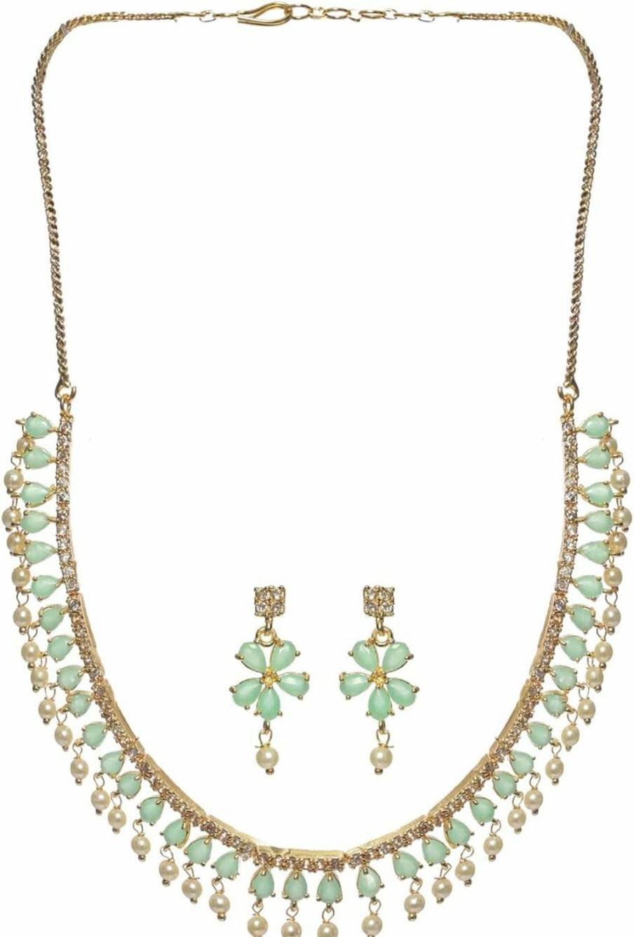 Priyaasi Priyaasi Mint Green Stone-Studded American Diamond Jewellery Set For Women | Floral Leaf Design | Pearl Drop | Gold-Plated | Indian Jewelry Set - For Wedding, Festivals, & Party Jewelry Sets