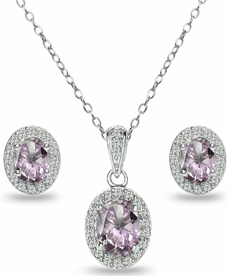 B. BRILLIANT B. Brilliant Sterling Silver Genuine Or Synthetic Gemstone Oval Halo Necklace & Earrings Jewelry Set For Women Bridesmaids Jewelry Sets