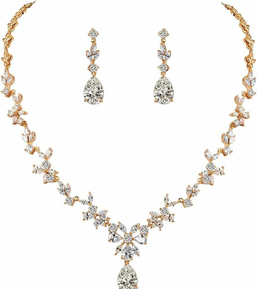 WeimanJewelry Weimanjewelry Women Cubic Zirconia Marquise Teardrop Bridal Necklace And Dangling Earring Jewelry Set For Wedding Jewelry Sets