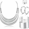 JOERICA Joerica Bib Choker Necklace Silver Gold Jewelry Set Wide Cuff Bangle Bracelet Open Hoop Earrings Adjustable Ring Chunky Silver Gold Statement Costume Jewelry Set For Women Jewelry Sets