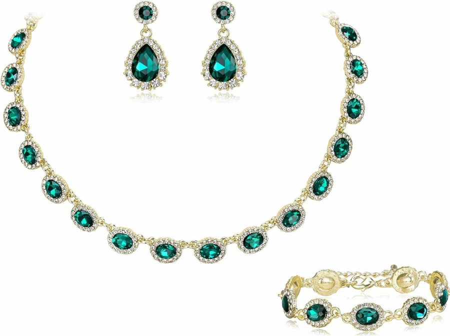 Crysdue Crysdue Wedding Jewelry Set For Women Brides Oval Rhinestone Crystal Collar Necklace Link Bracelet Teardrop Pierced Dangle Earrings Set For Prom Party Jewelry Sets