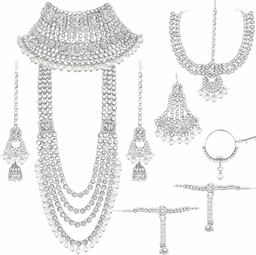 Aheli Aheli Traditional Wedding Indian Heavy Bridal Jewelry Set Long Choker Necklace Earrings Maang Tikka Nath Paasa Hath Phool In Faux Kundan Beads Jewelry Sets