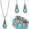 Sureio 3 Pieces Bohemian Turquoise Set Women Western Jewelry Turquoise Pendant Necklace Western Turquoise Alloy Earrings Turquoise Bracelet For Women Western Boho Jewelry Set Jewelry Sets