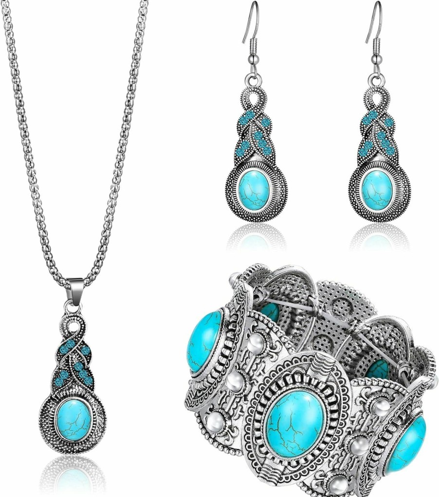 Sureio 3 Pieces Bohemian Turquoise Set Women Western Jewelry Turquoise Pendant Necklace Western Turquoise Alloy Earrings Turquoise Bracelet For Women Western Boho Jewelry Set Jewelry Sets