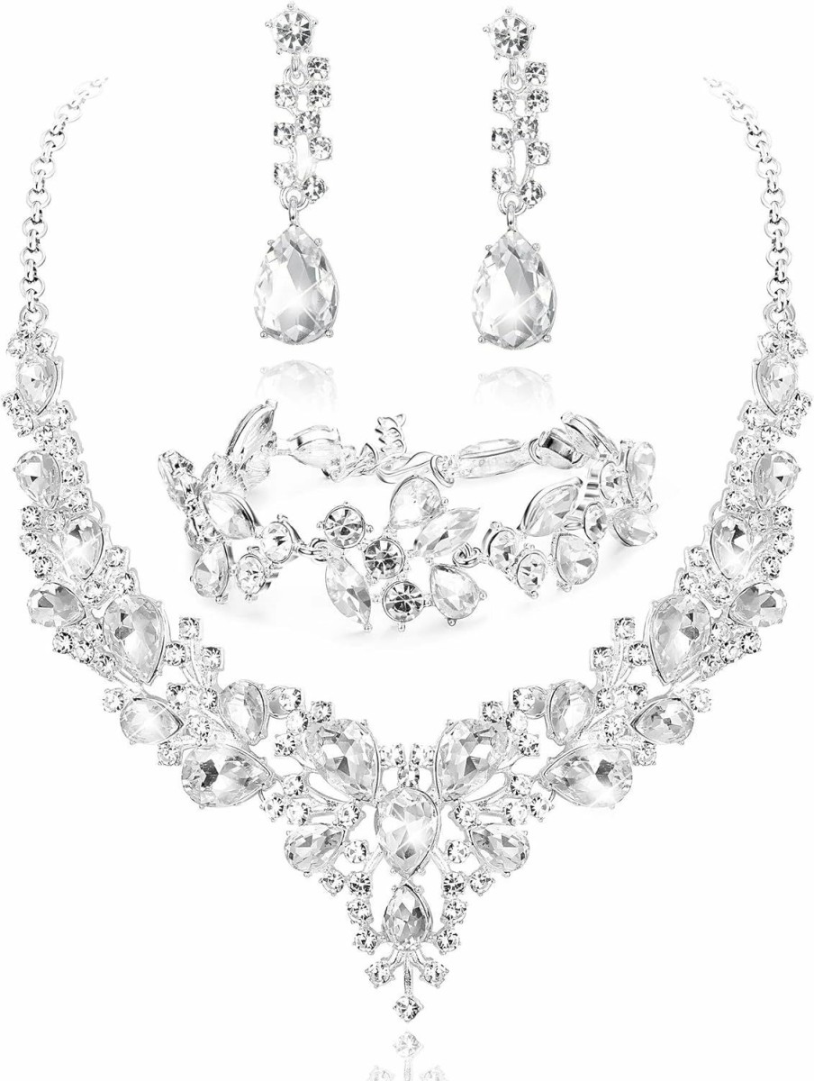 LOYALLOOK Loyallook Crystal Bridal Jewelry Set For Women Rhinestone Necklace Earrings Bracelet Wedding Bridesmaid Gifts Fit With Wedding Dress Jewelry Sets