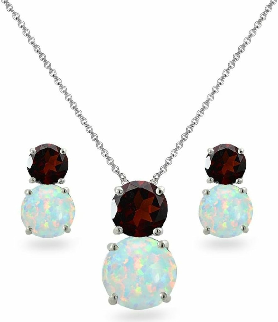 B. BRILLIANT B. Brilliant Opal Necklace And Earrings Jewelry Set For Women Girls Or Bridesmaids, Genuine, Simulated Or Created Gem & Opal Double Round Stones, 925 Sterling Silver Sets With Gift Box Jewelry Sets