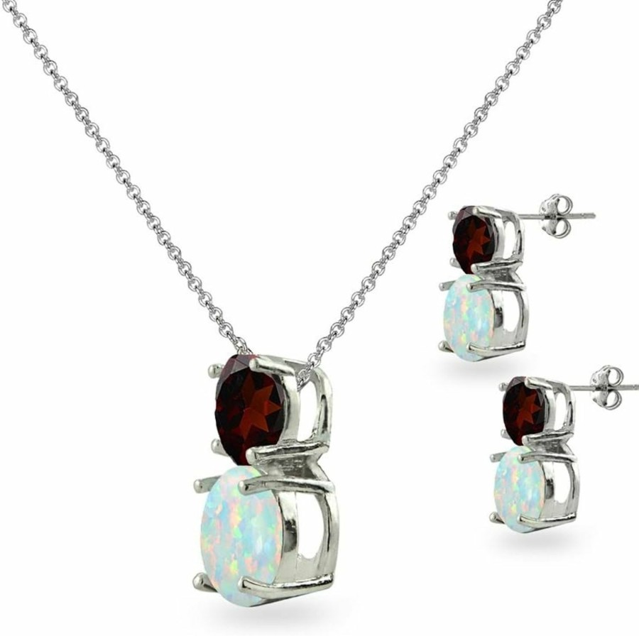 B. BRILLIANT B. Brilliant Opal Necklace And Earrings Jewelry Set For Women Girls Or Bridesmaids, Genuine, Simulated Or Created Gem & Opal Double Round Stones, 925 Sterling Silver Sets With Gift Box Jewelry Sets