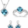 Jewelili Jewelili Sterling Silver 6 Mm And 5 Mm Cushion Swiss Blue Topaz And Round Created White Sapphire Pendant Necklace 18\" Cable Chain, Stud Earrings And Ring Jewelry Set Jewelry Sets