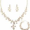 SFE Sfe Elegant Austrian Crystal Bridal Bridesmaid Wedding Jewelry Flower Leaf Necklace Dangle Earrings Link Bracelet Jewelry Set For Women And Girls Jewelry Sets