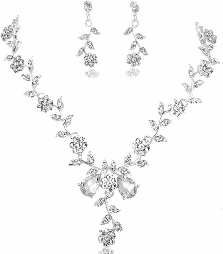 Ursumy Ursumy Bride Jewelry Sets Wedding Statement Necklace Flower Cluster Crystal Choker Dangle Earrings Bracelet For Women And Girls (3Pcs) Jewelry Sets