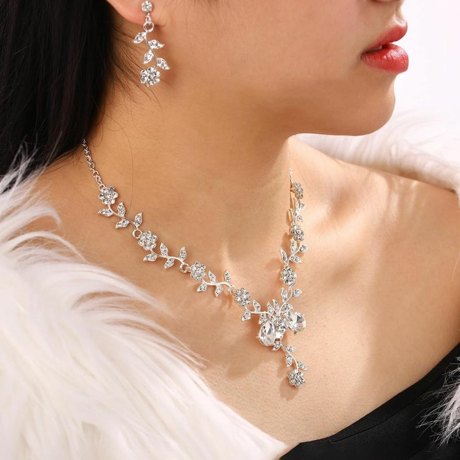 Ursumy Ursumy Bride Jewelry Sets Wedding Statement Necklace Flower Cluster Crystal Choker Dangle Earrings Bracelet For Women And Girls (3Pcs) Jewelry Sets