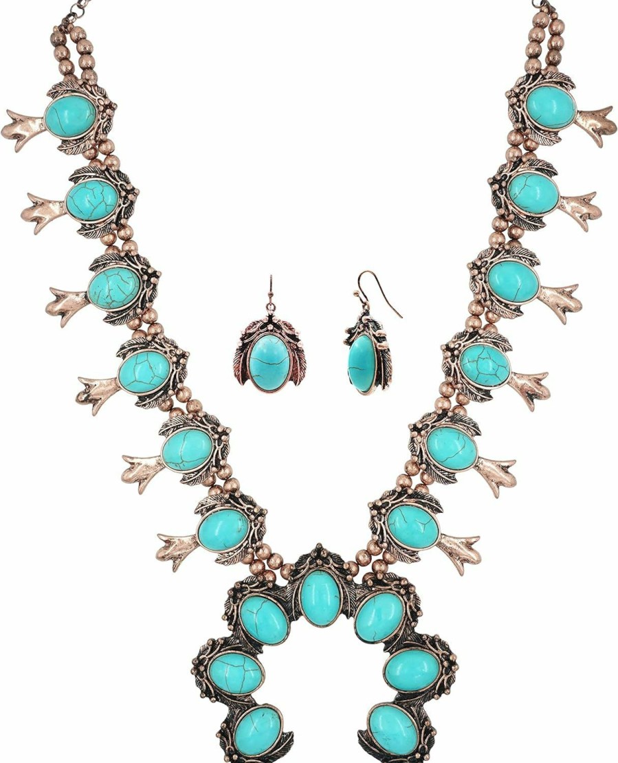 Elosee Turquoise Stone Squash Blossom Pendant Bib Statement Long Necklace 27 Inch And French Hook Earrings Jewelry Sets