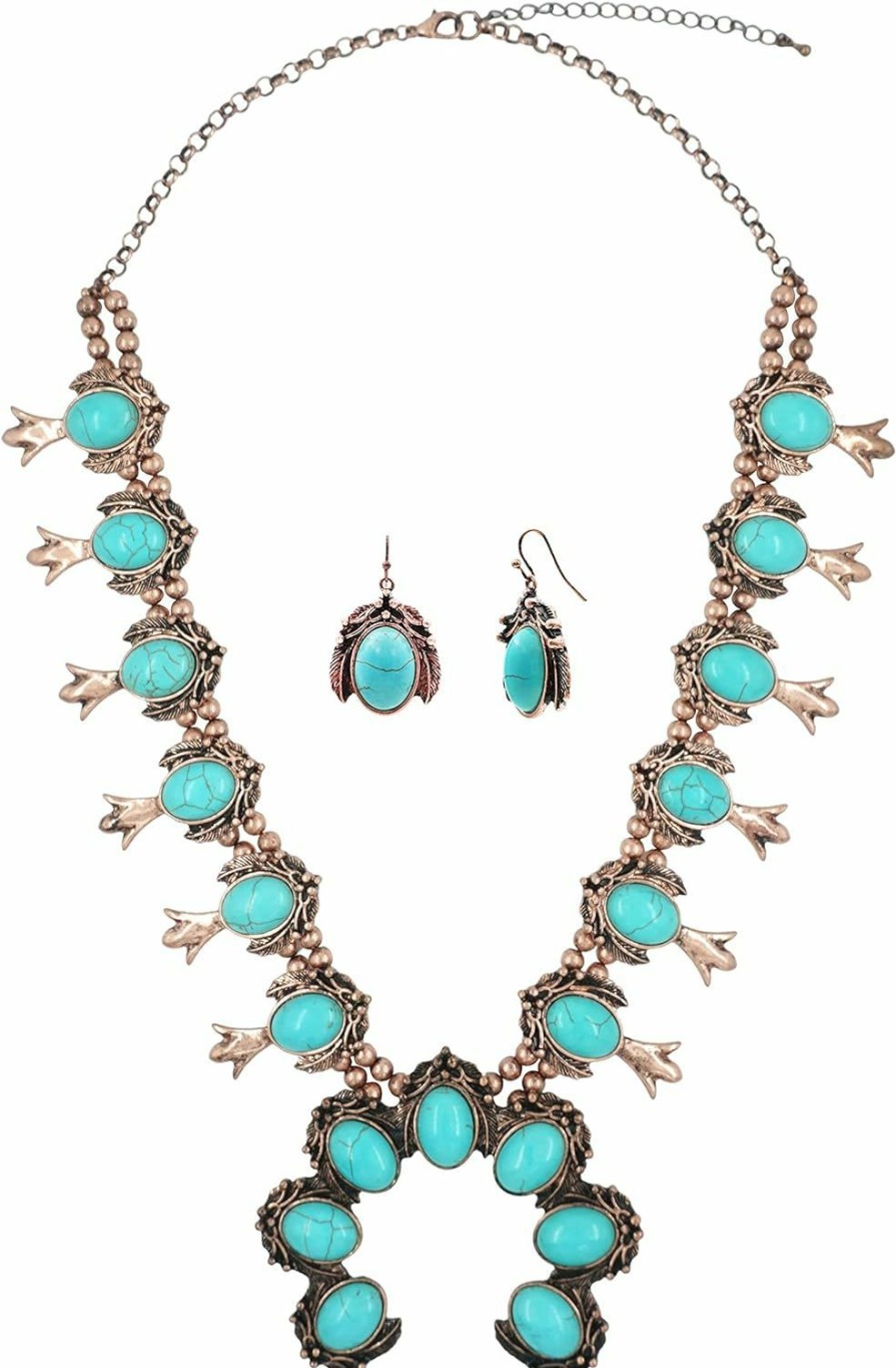 Elosee Turquoise Stone Squash Blossom Pendant Bib Statement Long Necklace 27 Inch And French Hook Earrings Jewelry Sets