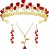 Sureio Bridal Wedding Queen Crowns Red Rose Tiaras Personalized Long Necklaces Rose Flower Dangle Drop Stud Earrings Rose Pendant Flower Jewelry For Women Girls Wedding Engagement Halloween Birthday Party Jewelry Sets