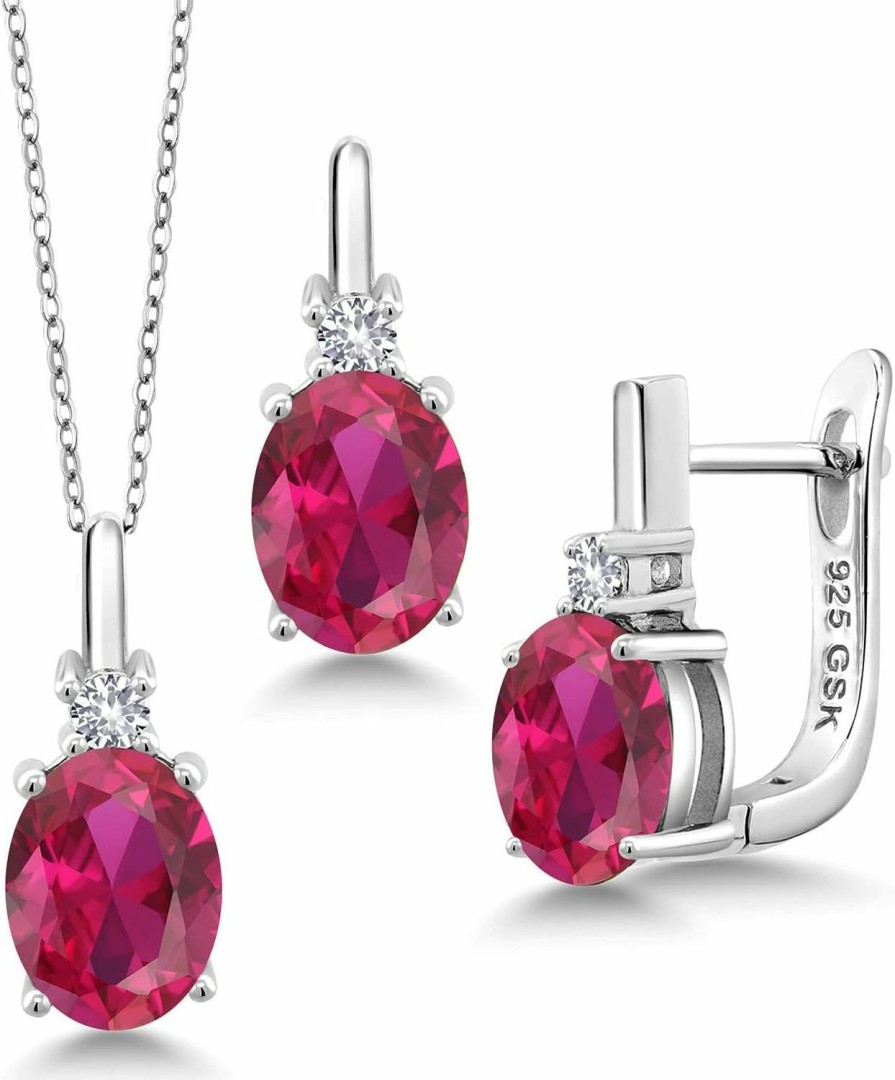 Gem Stone King Gem Stone King 925 Sterling Silver Red Created Ruby And White Created Sapphire Pendant And Earrings Jewelry Set (6.05 Cttw, With 18-Inch Silver Chain) Jewelry Sets