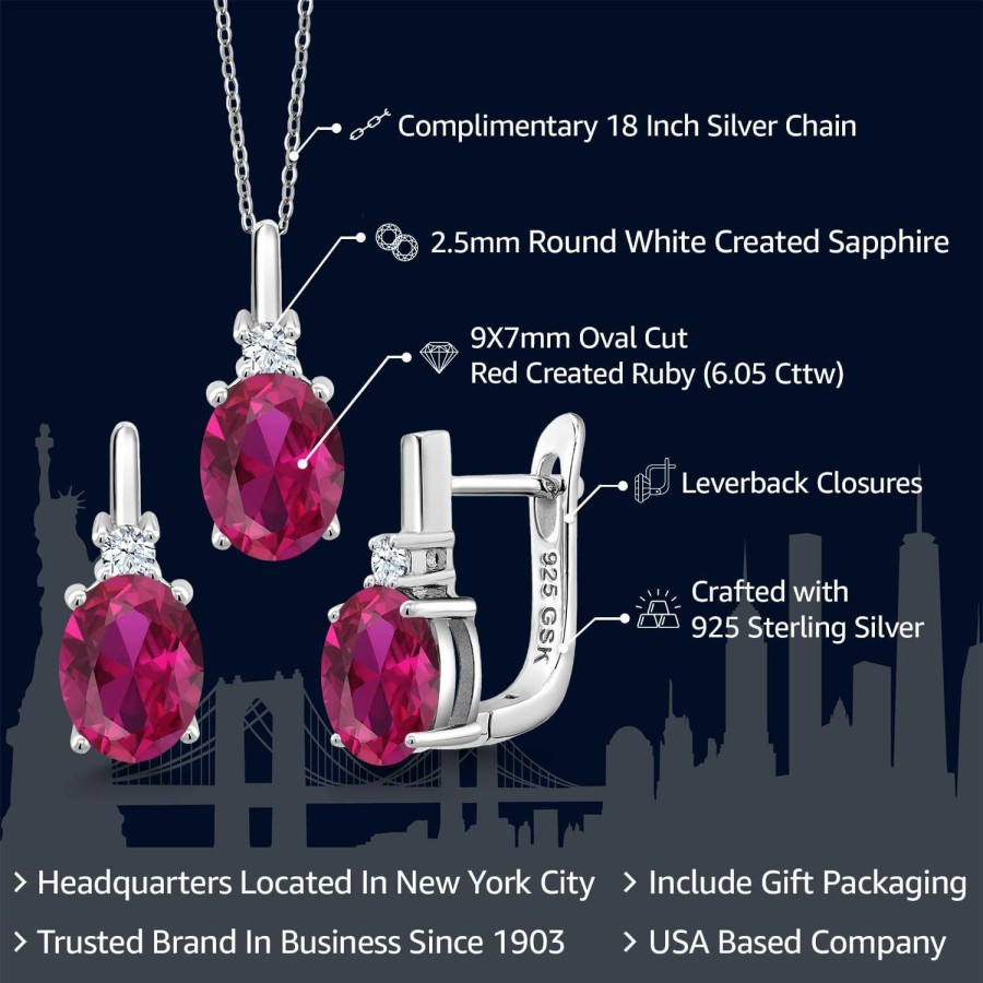 Gem Stone King Gem Stone King 925 Sterling Silver Red Created Ruby And White Created Sapphire Pendant And Earrings Jewelry Set (6.05 Cttw, With 18-Inch Silver Chain) Jewelry Sets