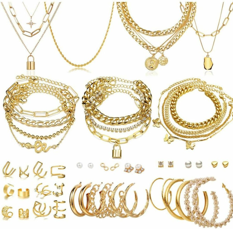 CONGYING Congying 46 Pcs Gold Jewelry Set With 11Pcs Necklace, 11 Pcs Anklet And 18 Pcs Earring Ear Cuff,6Hoop Earrings For Women Girls, Fashion Indie Costume Jewerly Pack For Friendship Party Gift Jewelry Sets