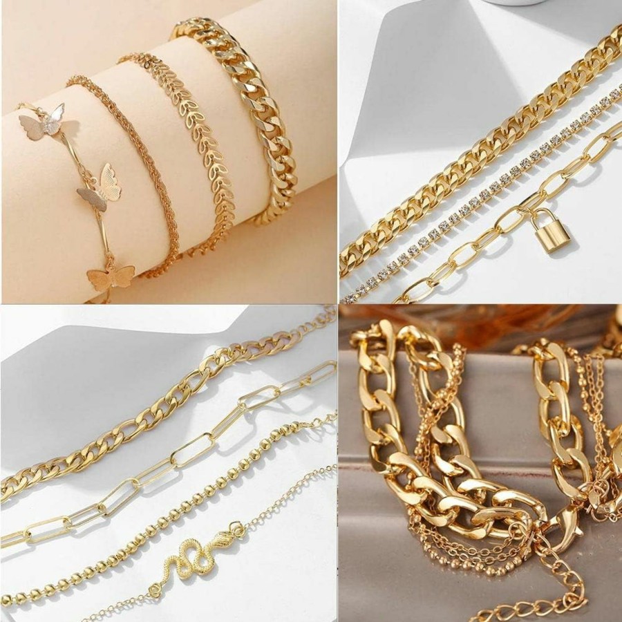 CONGYING Congying 46 Pcs Gold Jewelry Set With 11Pcs Necklace, 11 Pcs Anklet And 18 Pcs Earring Ear Cuff,6Hoop Earrings For Women Girls, Fashion Indie Costume Jewerly Pack For Friendship Party Gift Jewelry Sets