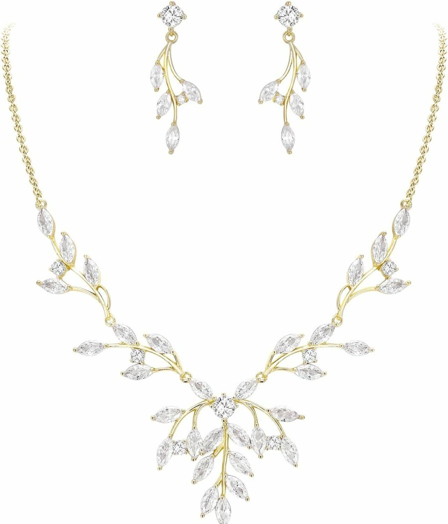 EVER FAITH Ever Faith Wedding Jewlery Set For Bride Bridesmaids, White Cz Leaf Cluster Teardrop Bridal Prom Necklace Dangle Earrings Sets For Women Jewelry Sets