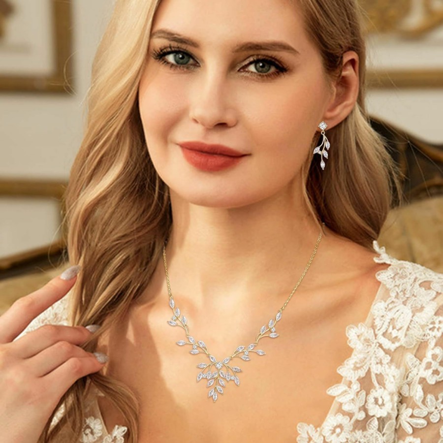 EVER FAITH Ever Faith Wedding Jewlery Set For Bride Bridesmaids, White Cz Leaf Cluster Teardrop Bridal Prom Necklace Dangle Earrings Sets For Women Jewelry Sets