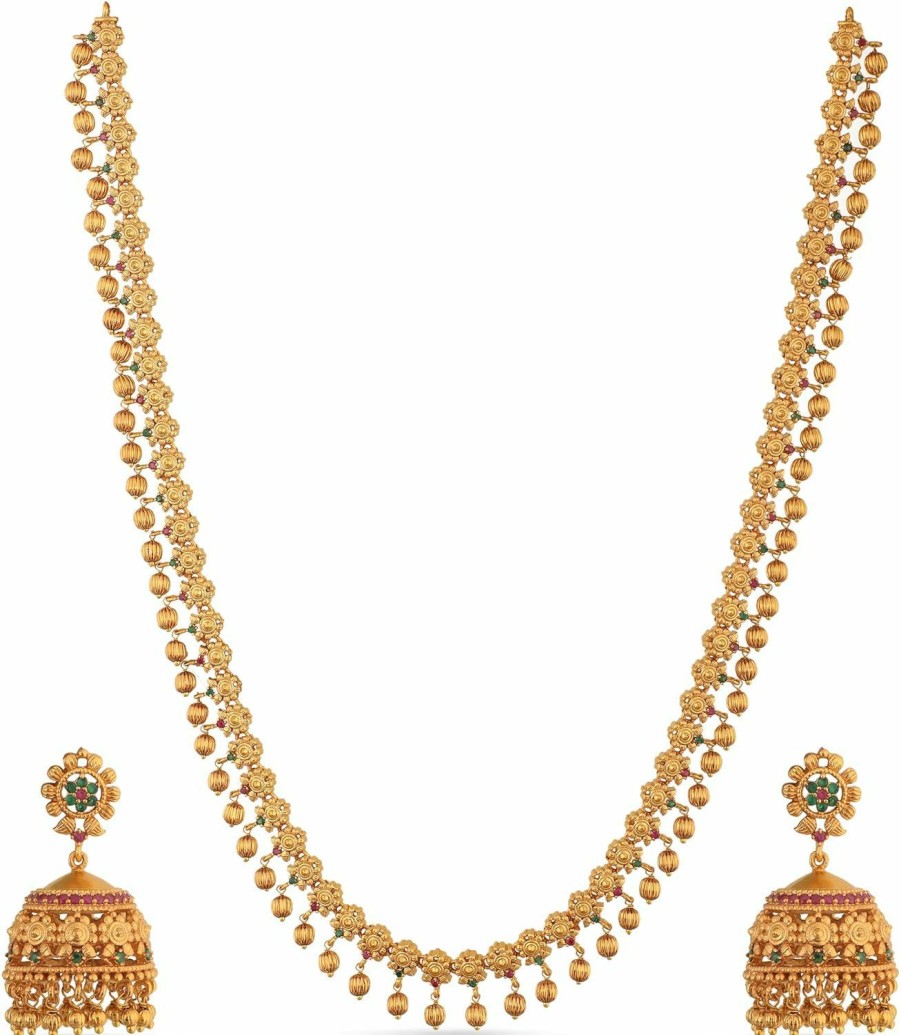 TARINIKA Tarinika Antique Gold Plated Dara Long Necklace Set With Floral Design - Indian Jewelry Sets For Women | Perfect For Ethnic Occasions | Traditional South Indian Necklace | 1 Year Warranty* Jewelry Sets