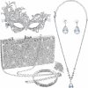 XLSXEXCL 5 Pieces Masquerade Mask For Women Rhinestone Crystal Jewelry Set Glitter Clutch Purses Bag Lace Masks Evening Bling Necklace Earrings Bracelets Ring For Venetian Party Wedding Halloween Carnival Jewelry Sets