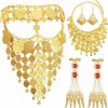 Hinly 6 Pcs Belly Dancer Jewelry Set Gold Coins Veil Necklace Earrings And Bracelet With Finger Nails Gypsy Egyptian Belly Dancing Outfit For Women Halloween Dance Accessories Jewelry Sets