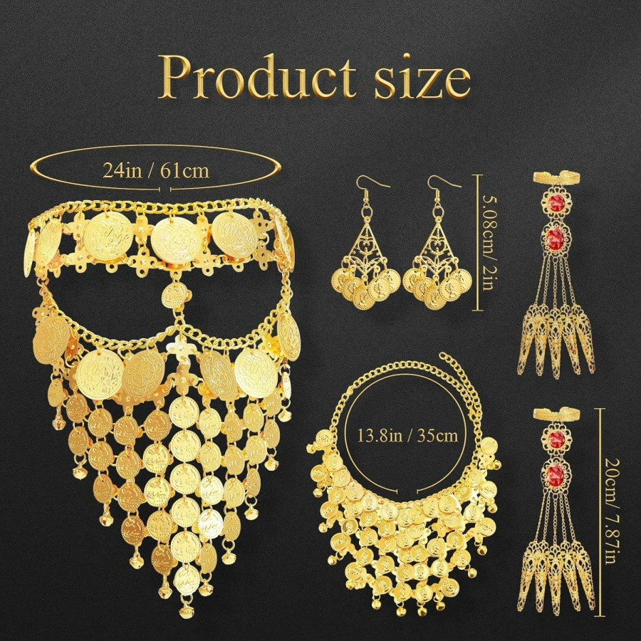 Hinly 6 Pcs Belly Dancer Jewelry Set Gold Coins Veil Necklace Earrings And Bracelet With Finger Nails Gypsy Egyptian Belly Dancing Outfit For Women Halloween Dance Accessories Jewelry Sets