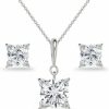 GemStar USA Gemstar Usa Sterling Silver Cubic Zirconia Studded Solitaire Necklace & Stud Earrings Set Jewelry Sets