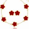 Qinpan Qinpan Four Leaf Clover Earring And Bracelet Set For Women Lucky Flower 14K Gold Jewelry Jewelry Sets