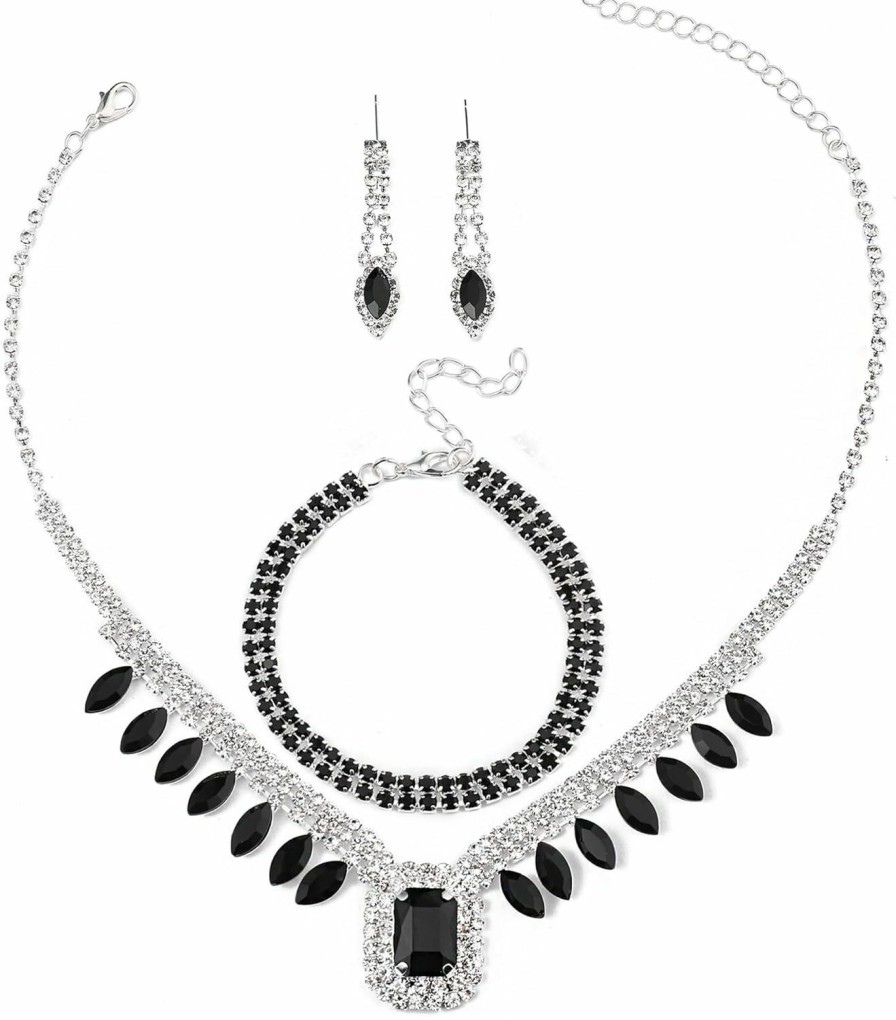 Hapibuy Hapibuy Women Jewelry Set Black Crystal Necklace Earrings Bracelet Bridal Wedding Jewelry Rhinestone Choker Necklace For Party Jewelry Sets