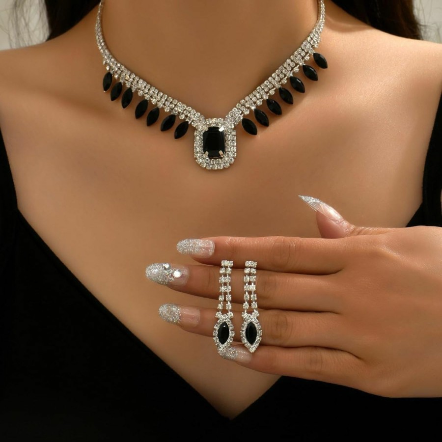 Hapibuy Hapibuy Women Jewelry Set Black Crystal Necklace Earrings Bracelet Bridal Wedding Jewelry Rhinestone Choker Necklace For Party Jewelry Sets