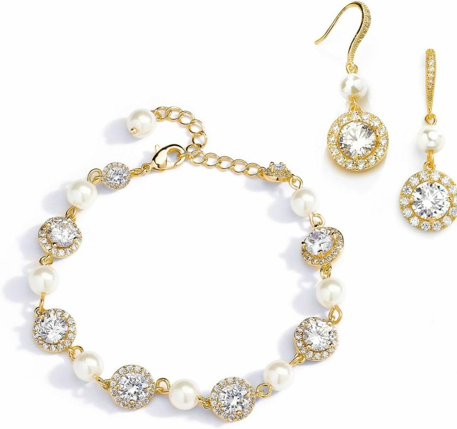 Mariell Mariell 14K Gold Plated Pearl Round Cz Bridal Bracelet & Earrings Set - Wedding Jewelry For Bridesmaids Jewelry Sets