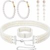 MTLEE Women'S Pearl Jewelry Set Multi Layer Faux Pearl Choker Necklace Pearl Stretch Bracelet Hoop Pearl Dangle Earrings Long Tassel Earrings Valentines Jewelry For Wedding Party Anniversary Jewelry Sets