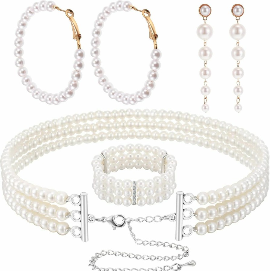 MTLEE Women'S Pearl Jewelry Set Multi Layer Faux Pearl Choker Necklace Pearl Stretch Bracelet Hoop Pearl Dangle Earrings Long Tassel Earrings Valentines Jewelry For Wedding Party Anniversary Jewelry Sets