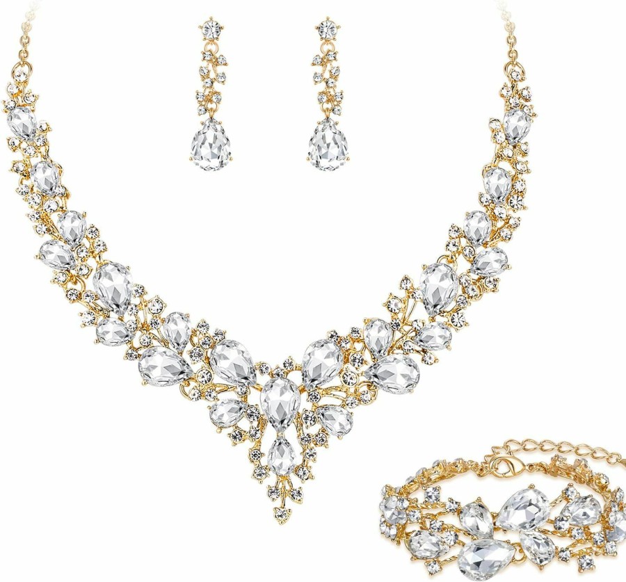 BriLove Brilove Wedding Bridal Jewelery For Women Austrian Crystal Teardrop Cluster Statement Necklace Dangle Earrings Link Bracelet Set Jewelry Sets