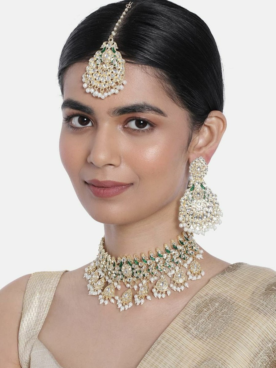 I Jewels I Jewels 18K Gold Plated Indian Traditional Wedding Bollywood Kundan & Pearl Studded Choker Necklace Jewellery Set For Women/Girls (K7212) Jewelry Sets