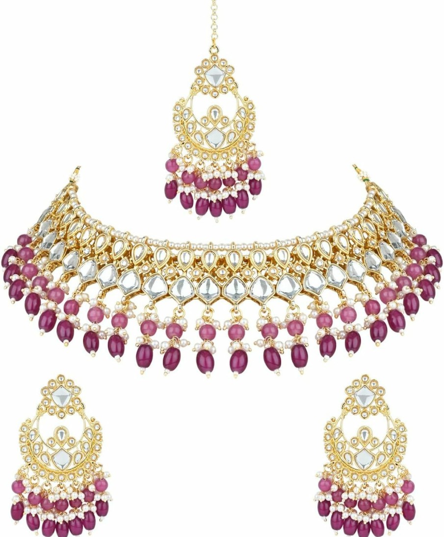 I Jewels I Jewels Gold Plated Indian Wedding Bollywood Kundan Pearl Meenakari Choker Necklace Jewellery With Dangle Earrings Set For Women/Girls Jewelry Sets