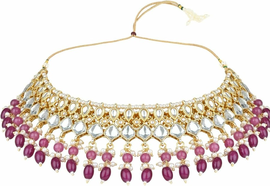 I Jewels I Jewels Gold Plated Indian Wedding Bollywood Kundan Pearl Meenakari Choker Necklace Jewellery With Dangle Earrings Set For Women/Girls Jewelry Sets