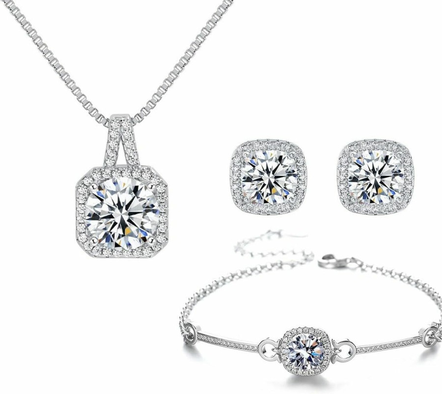 Hadskiss Hadskiss Silver Cubic Zirconia Earrings And Pendant Necklace Link Bracelet Set For Women 14K White Gold Plated Square Wedding Jewelry Sets For Bride Bridesmaid Jewelry Sets