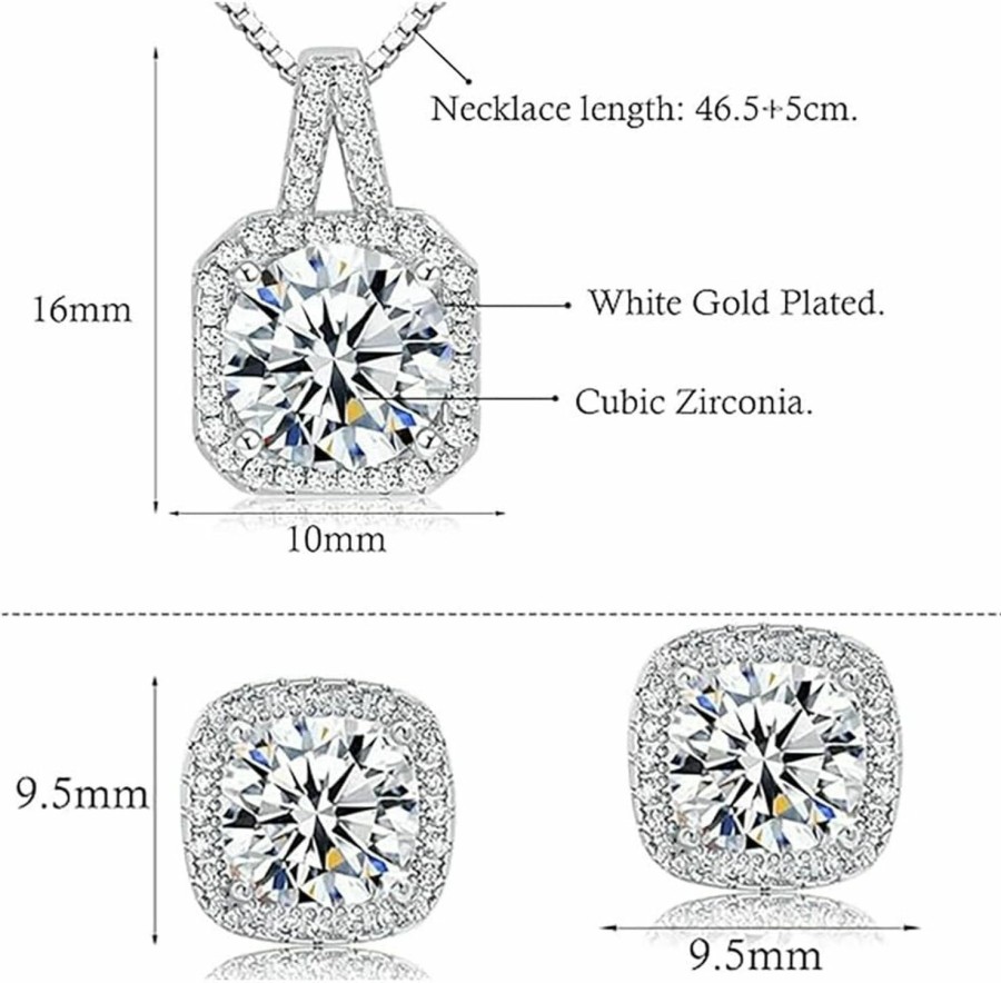 Hadskiss Hadskiss Silver Cubic Zirconia Earrings And Pendant Necklace Link Bracelet Set For Women 14K White Gold Plated Square Wedding Jewelry Sets For Bride Bridesmaid Jewelry Sets