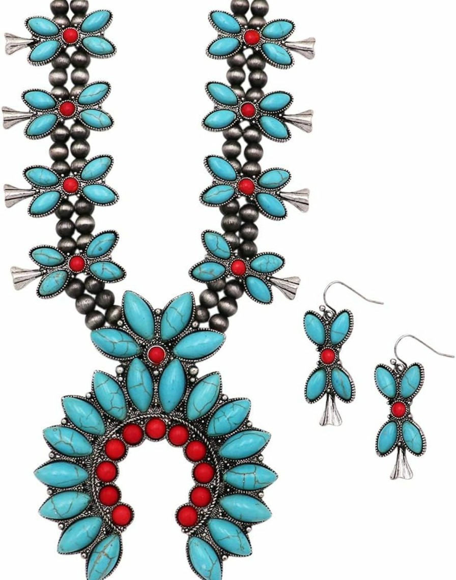 Rosemarie & Jubalee Rosemarie & Jubalee Women'S Western Chic Statement Howlite Squash Blossom Necklace Earrings Set, 24\"+3\" Extension Jewelry Sets