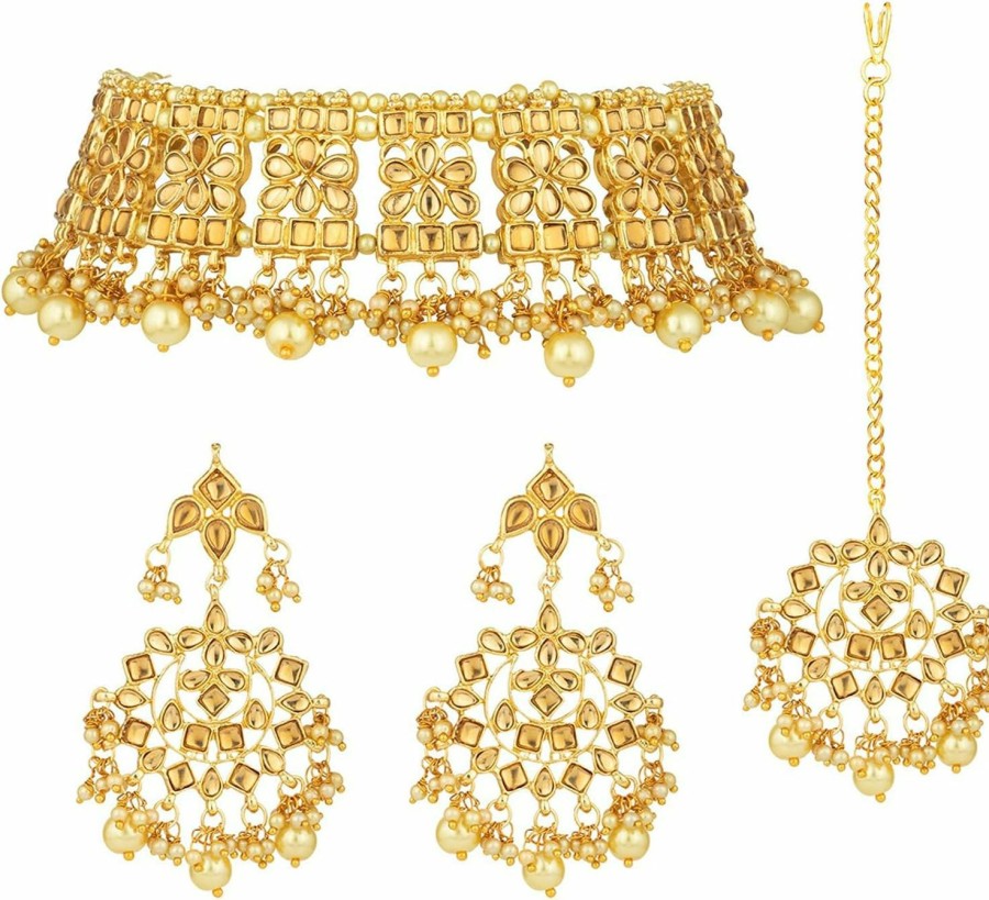 I Jewels I Jewels Valentines Day Gifts For Her Indian Gold Plated Traditional Kundan Choker Ethnic Bollywood Designer Jewelry Set With Earrings & Maang Tikka For Women Jewelry Sets