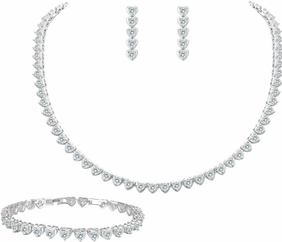 EleQueen Elequeen Bridal Cubic Zirconia Love Heart Jewelry Set For Women, Wedding Tennis Bracelet Dangle Earrings Necklace Set For Bride Bridesmaid Clear Silver-Tone Jewelry Sets