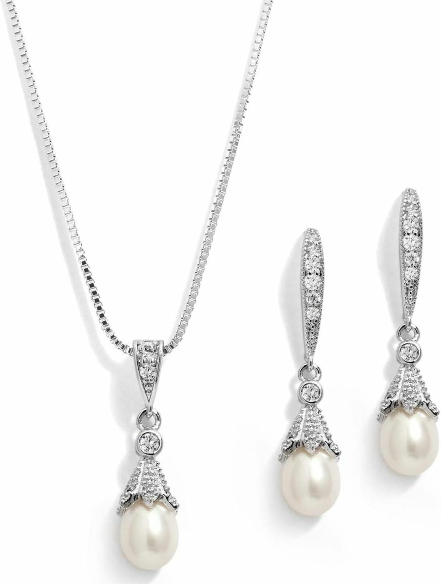 Mariell Mariell Wedding Necklace & Earrings Cz Jewelry Set With Dainty Freshwater Pearl For Bridesmaids & Brides Jewelry Sets