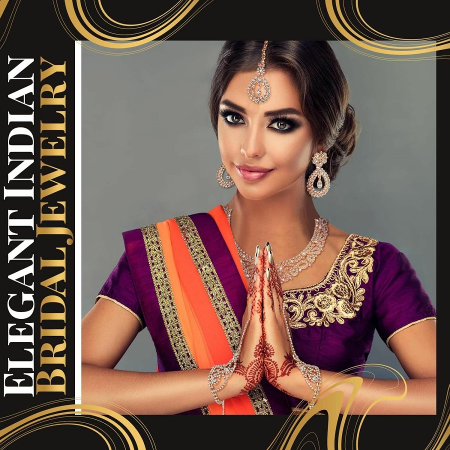 Sureio Sureio Indian Jewelry Sets For Women Bollywood Wedding Jewelry Necklace Set Choker Necklace With Maang Tikka Earrings Set Rhinestone Bridal Bracelet For Wedding Prom Party Jewelry Sets