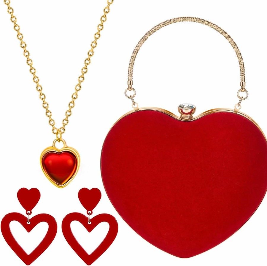 Kigeli Kigeli 3 Pieces Valentine'S Day Gift For Women Heart Shape Purse Evening Handbags Double Heart Earrings Heart Pendant Necklace Heart Jewelry Set For Women Girls Valentine'S Day Mother'S Day Gift Jewelry Sets