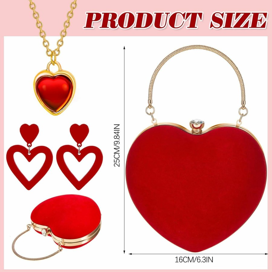 Kigeli Kigeli 3 Pieces Valentine'S Day Gift For Women Heart Shape Purse Evening Handbags Double Heart Earrings Heart Pendant Necklace Heart Jewelry Set For Women Girls Valentine'S Day Mother'S Day Gift Jewelry Sets