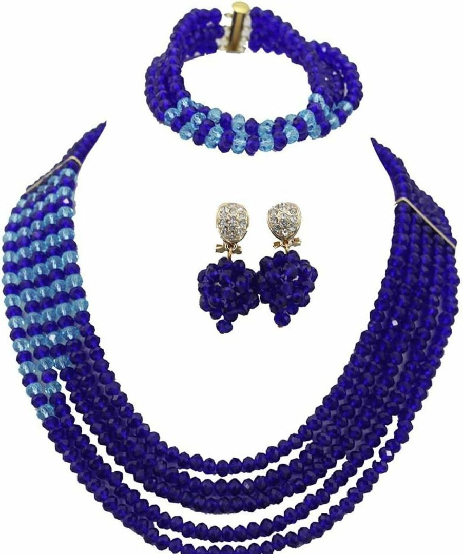 Africanbeads Africanbeads 5 Rows Royal Blue Crystal Jewelry Set Handmade African Wedding Necklace Bracelet Earrings Set Jewelry Sets